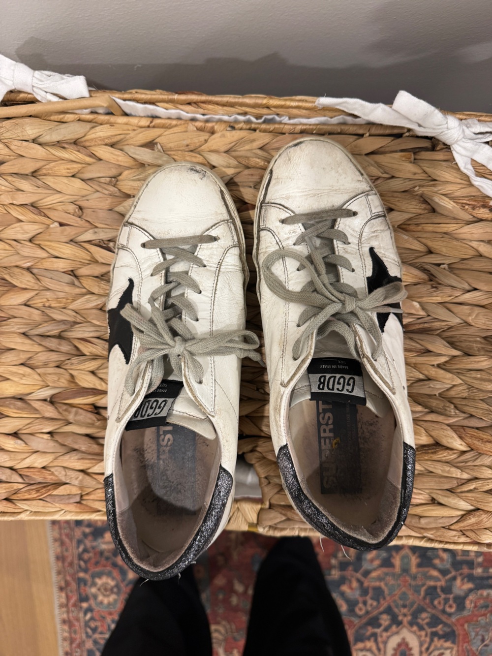 Golden Goose White Leather Sneakers with Black Star and Gray Laces
